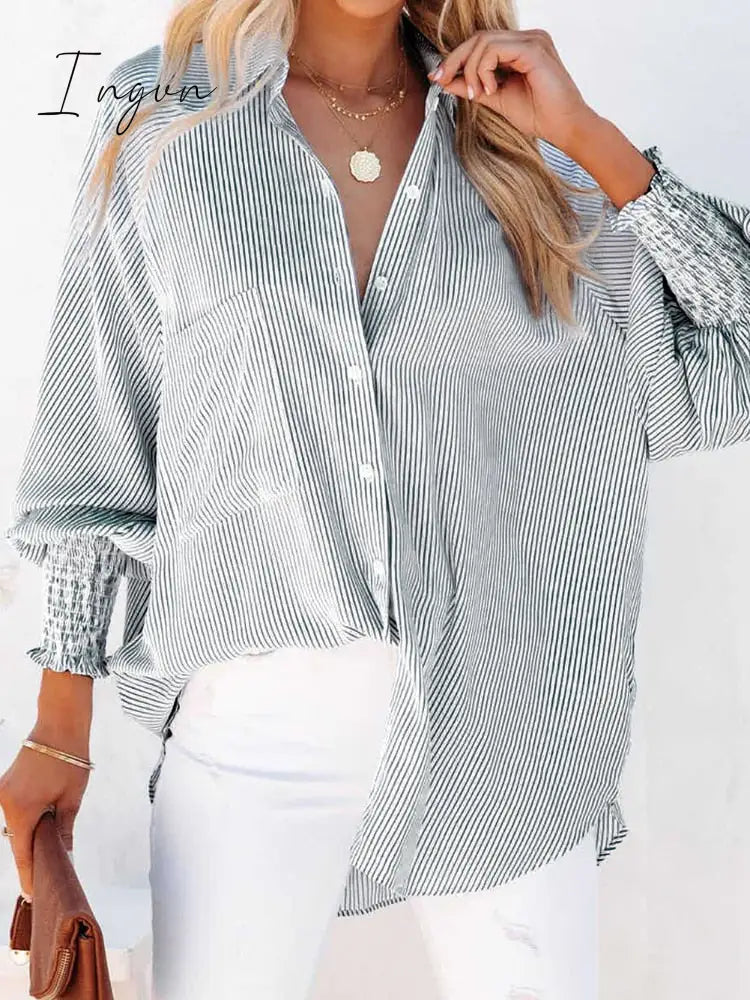Ingvn - 2023 Spring Fall Lantern Sleeve Striped Shirt Blouse Women Lapel Buttons Loose Shawl Cover-Ups Elegant Beach Bikini Cover Up