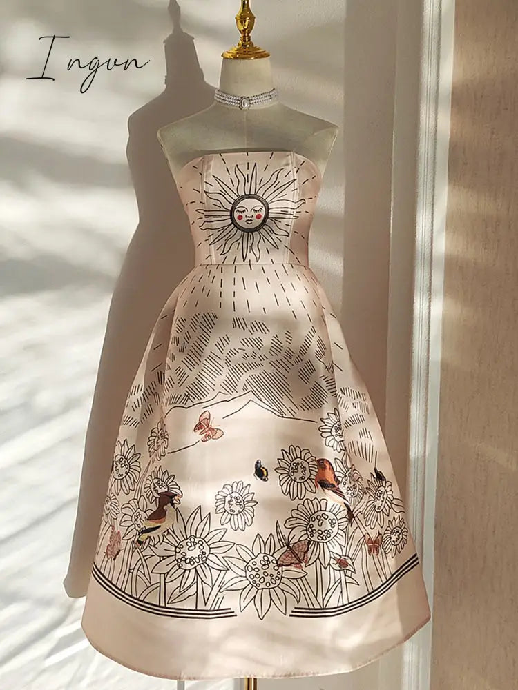 Ingvn - Vintage Flower Printed Strapless Sleeveless Midi Vestidos Summer 2023 New Women Gown Party Wedding Evening Dresses