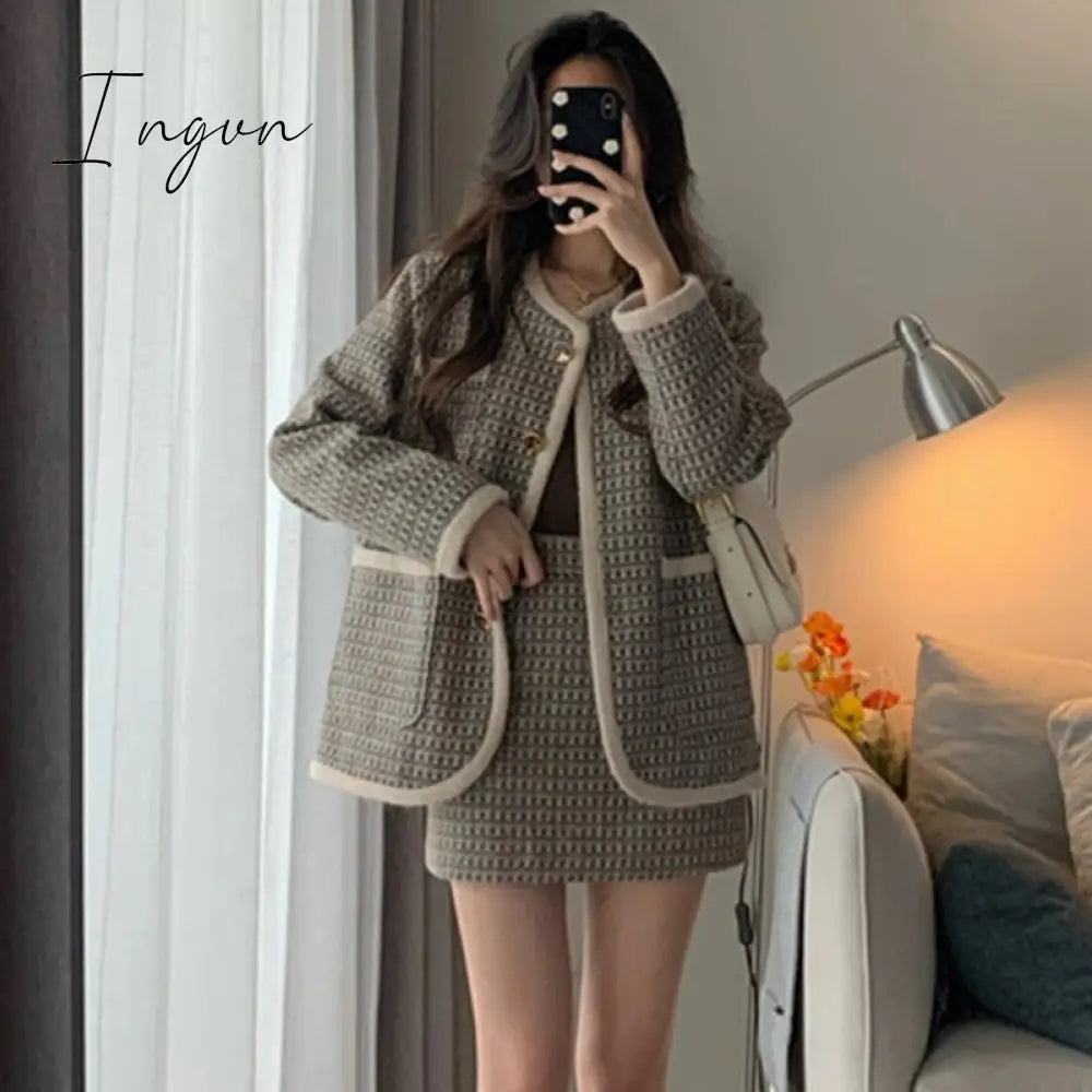 Ingvn - Autumn Winter Korean Fashion Casual Plaid Tweed 2 Piece Set Women Jacket Coat + Mini Skirt Suits Female Vintage Two Piece Sets