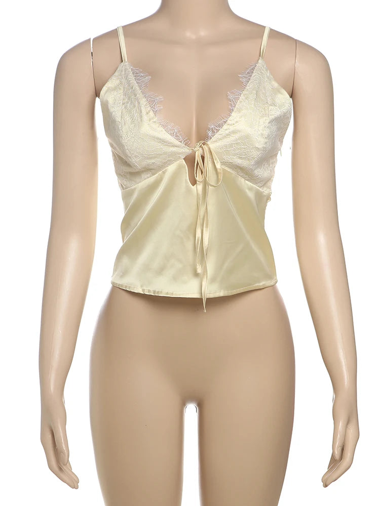 Sexy Mesh Patchwork Camisole Women Shirring Low-Neck Backless Tank Tops Hottie Street Versatile Trend Classic Outfits