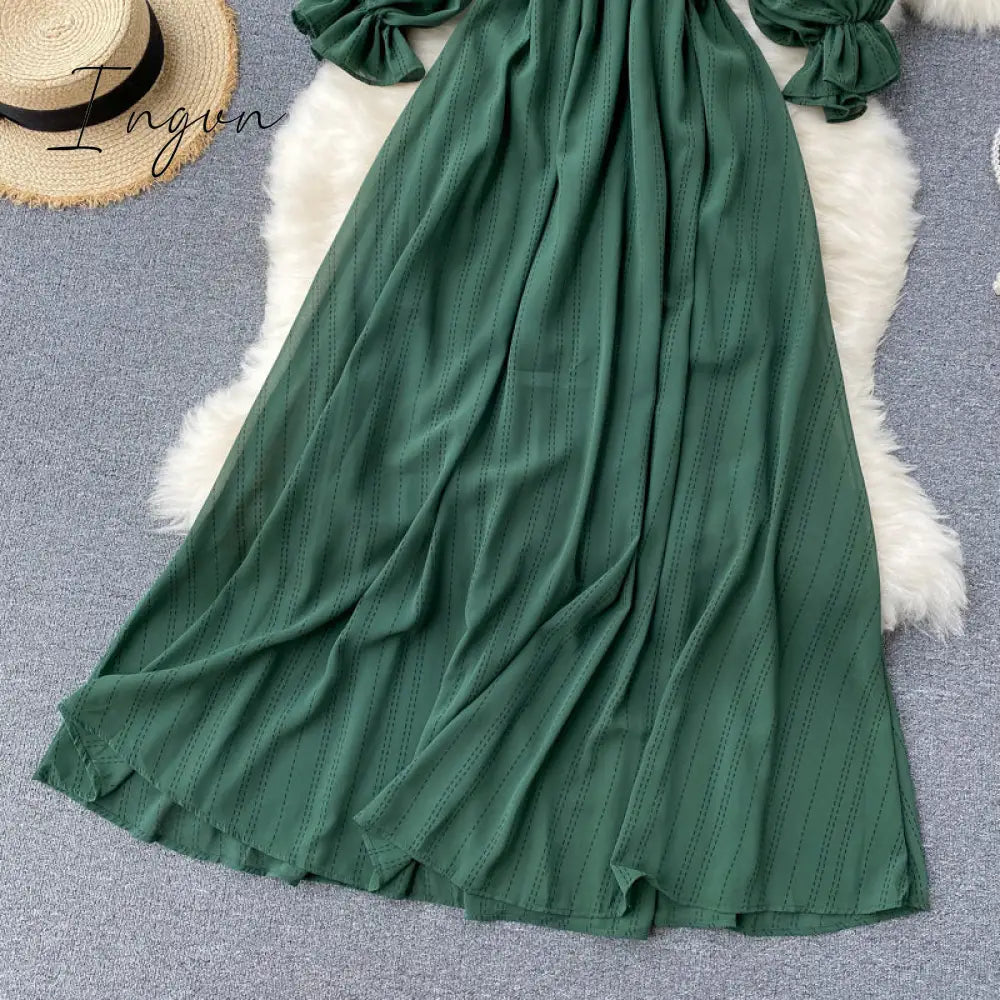 Ingvn - Summer Beach Chiffon Long Dress Elegant Solid Lantern Sleeve High Waist Women Maxi Dress Party Club Ladies Vestidos New