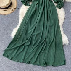 Ingvn - Summer Beach Chiffon Long Dress Elegant Solid Lantern Sleeve High Waist Women Maxi Dress Party Club Ladies Vestidos New