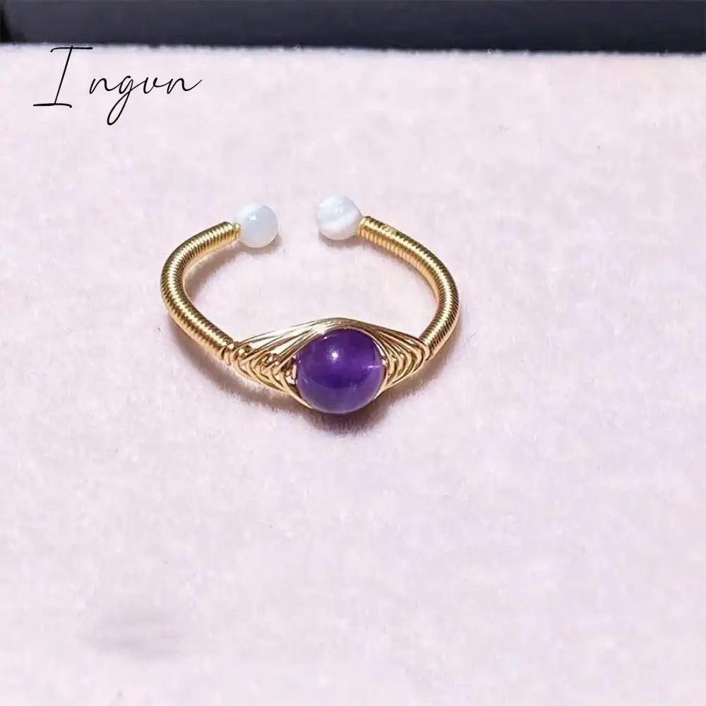 New Fashion Simple Amethyst Natural Stone Opening Ring for Women Exquisite Copper Ring Elegant Niche Design Party Jewelry
