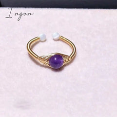 New Fashion Simple Amethyst Natural Stone Opening Ring for Women Exquisite Copper Ring Elegant Niche Design Party Jewelry