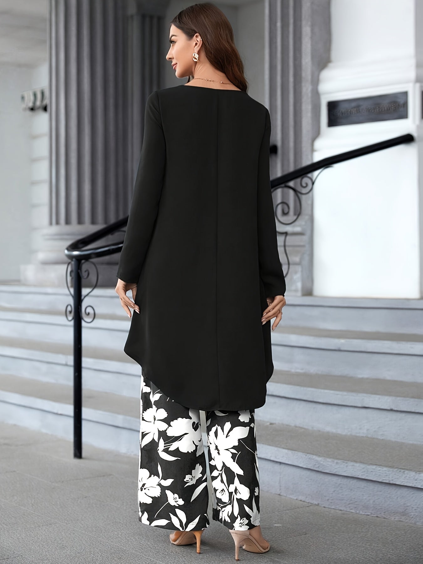 Two Piece Set: Solid Long Sleeve Crew Neck Top & Floral Print Wide Leg Pants for Spring & Fall, Women's Elegant Outfits