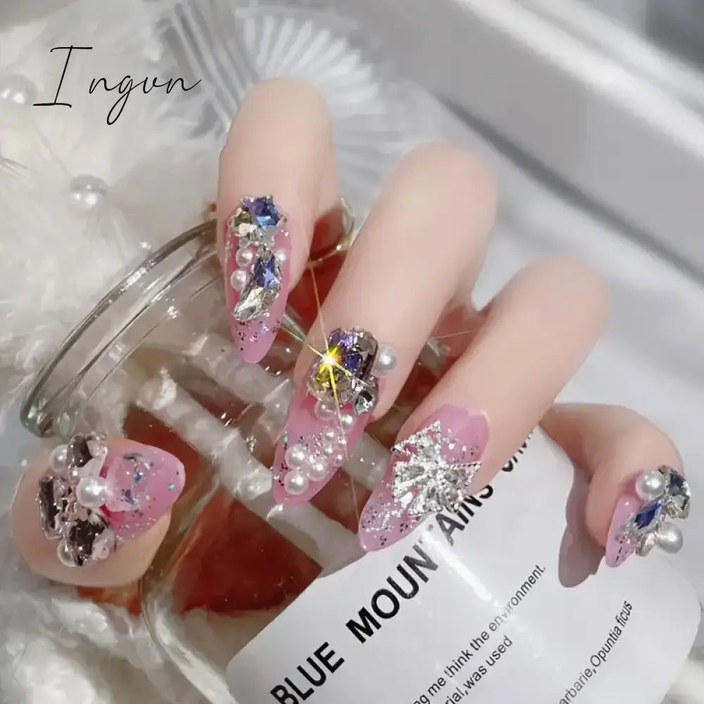 24PCS/Set Long Oval False Nails 3D Heart Sparkling French Press On Nails Pink Full Cover Fake Nail Crystal Gem Design Nails Tips