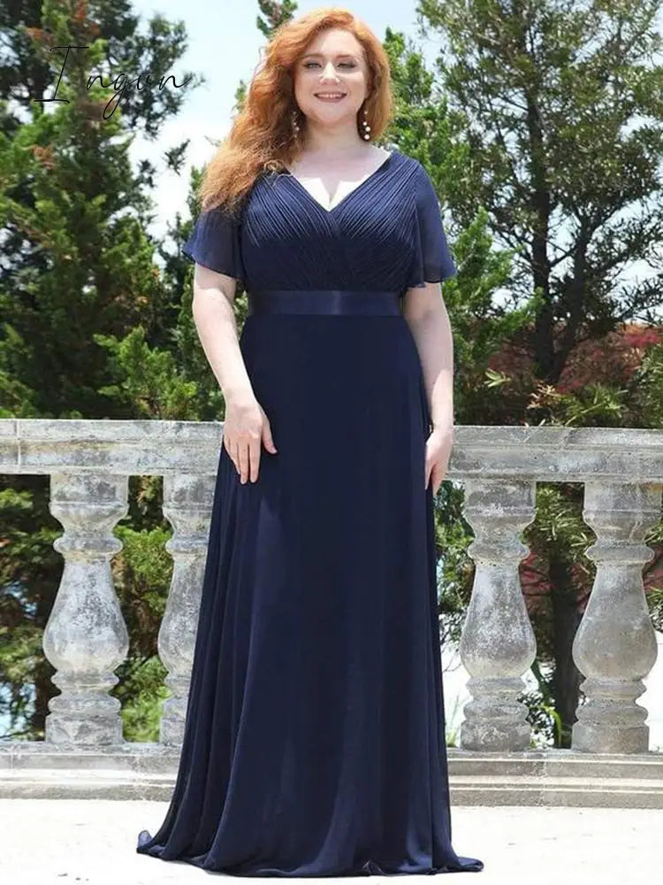 Ingvn - Summer Outfits New Women Plus Size Evening Dresses Long Elegant A Line V Neck Ruffles Chiffon Formal Wedding Party Dress Robe De Soiree