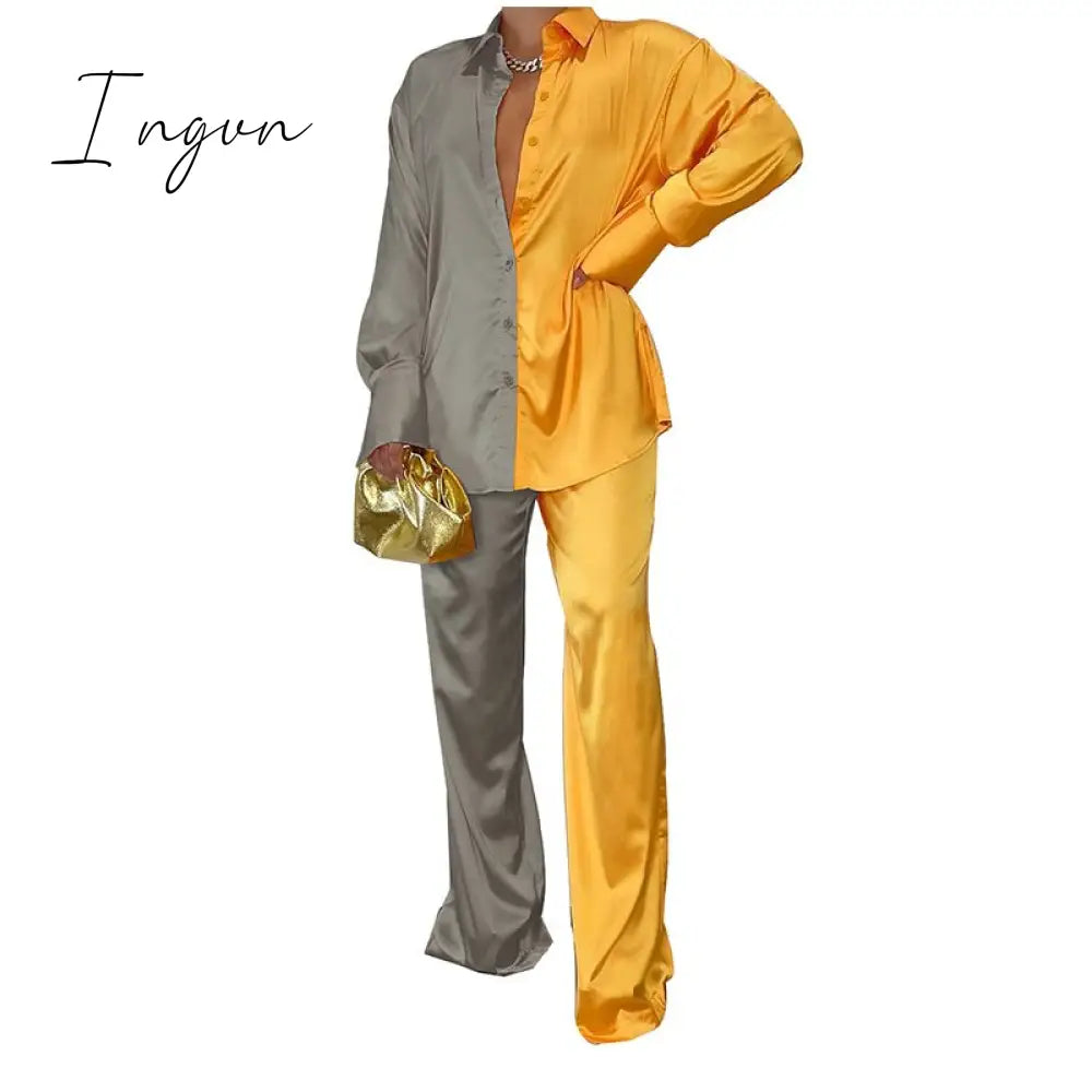 Ingvn - Women Elegant Satin Two Piece Sets Casual Feamle Solid Loose Outfits Long Sleeve Shirt And Wide Leg Straight Pants Suits