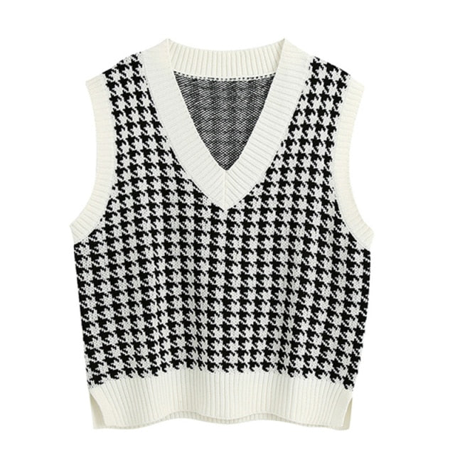 Women  Fashion Oversized Houndstooth Knitted Vest Sweater Vintage Sleeveless Side Vents Female Waistcoat Chic Tops