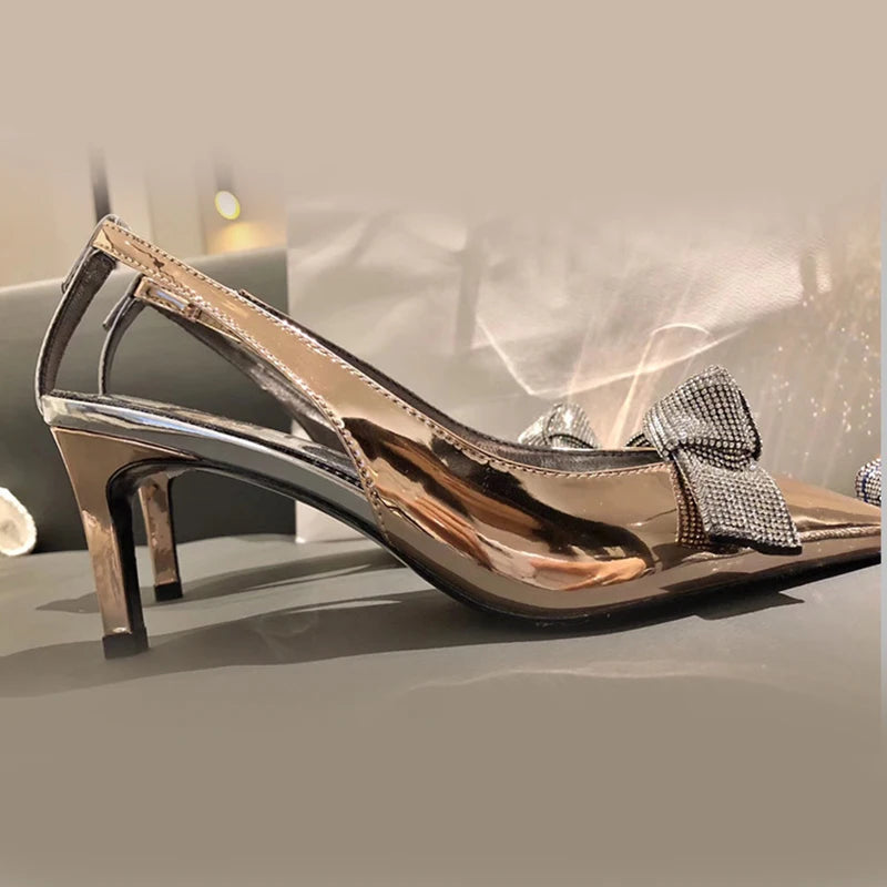 High Heels Silver Rhinestone Pointed Toe Women's Pumps Shoes Back Strap 6cm  Heels Women's Rhinestone Bow Baotou Heels Women