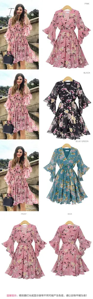 Ingvn - Chiffon High Elastic Waist Party Dress Bow A-line Women Butterfly Sleeve Flower Print Floral Boho Dress Female Vestido Plus Size