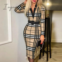 Ingvn - 2023 Trends Fashion Vintage Women Pattern Print Office Dresses Spring Autumn V-neck Long Sleeve Slim Bodycon Midi Dress Elegant Ladies Belt Vestidos