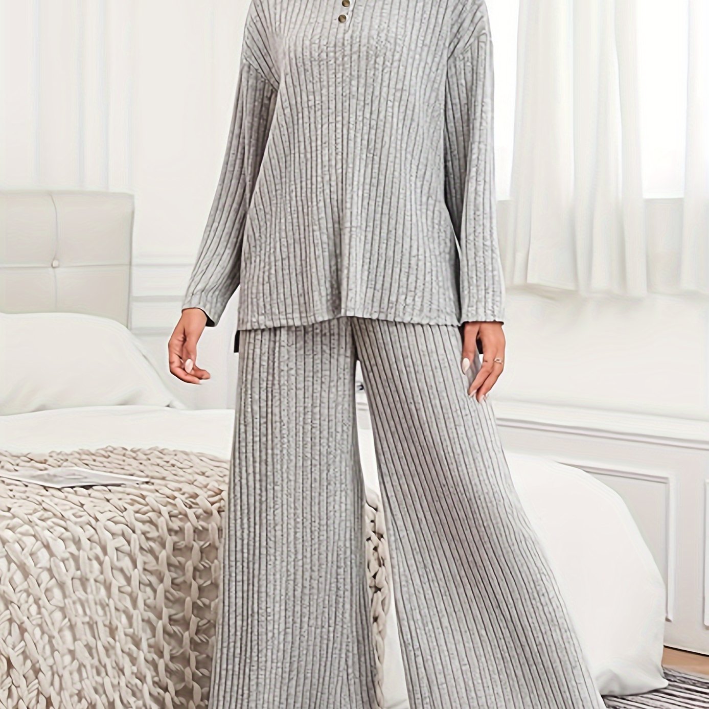 Plus Size Two-Piece Ribbed Crew Neck Outfit Set - Soft Medium Stretch Polyester Knit Fabric, Wide Leg Pants, Long Sleeve Top, Solid Color, No Printing, Casual Style - Womens Comfortable Plus Size Clothing