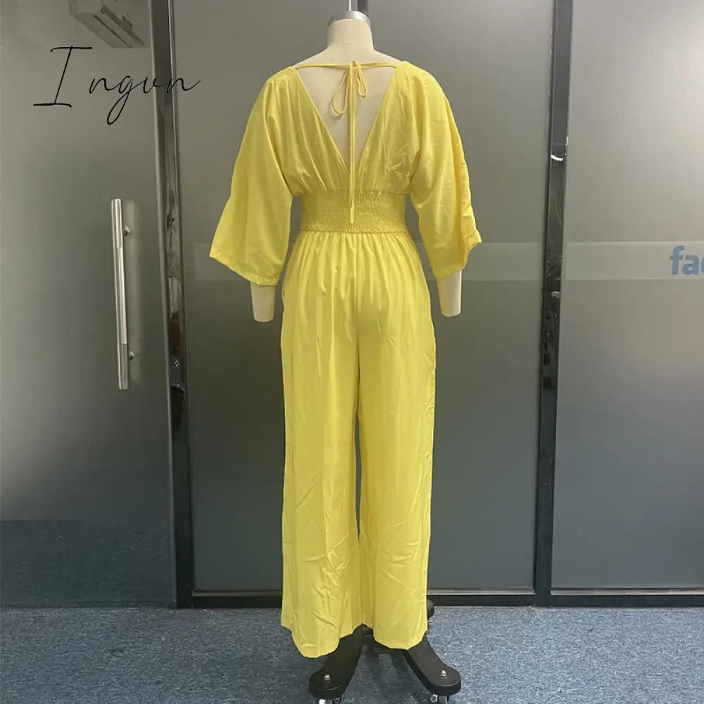 Ingvn - Women Jumpsuit Summer Short Bat Sleeve V Neck Backless Nipped Waist Loose Wide Legs Casual Pants Romper High Streetwear