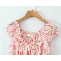 Sweet Women Pink Floral Print Mini Dress Sexy Off Shoulder Short Sleeve Elastic Waist Holiday Party Dress Summer Robe
