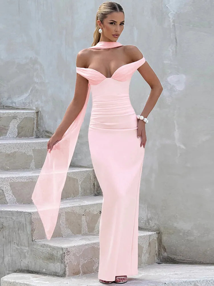 Elegant Off-shoulder Backless Sexy Maxi Dress Women Gown Fashion Scarf Collar Sleeveless Bodycon Club Party Long Dress