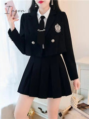 Ingvn - JK Blazer Skirt Set Female Short Suit Jacket + Pleated Skirt Spring Autumn Professional Wear Elegant Goddess Two-piece Set