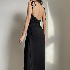 Fashion Strappy Ruched Sexy Black Dress Irregular Elegant Backless Long Dress Party Summer Dresses Women  Clothes