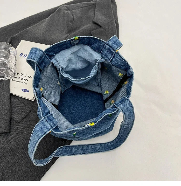 Ingvn  Large Capacity Women's Shoulder Bucket Bag Soft Denim Female Reusable Shopping Bags Embroidery Flower Ladies Tote Purse Handbag