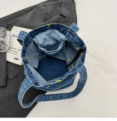 Ingvn  Large Capacity Women's Shoulder Bucket Bag Soft Denim Female Reusable Shopping Bags Embroidery Flower Ladies Tote Purse Handbag