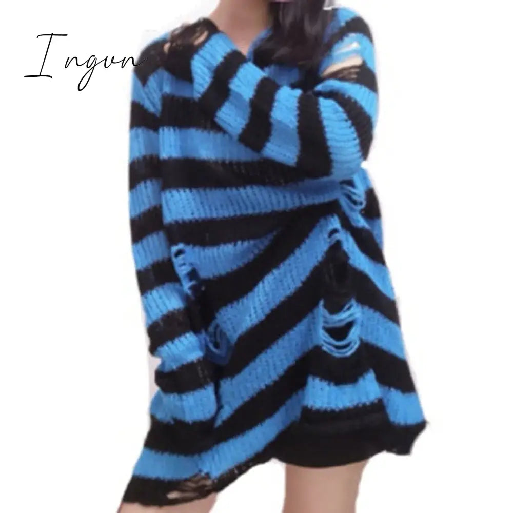 Ingvn - Halloween 200 Gothic Knitted Sweater Women Long Pullovers Striped Loose Winter Ripped Plus Size Sweaters Jumpers Mujer Jersey