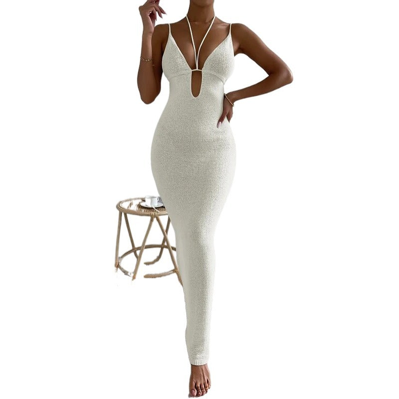 Women's Pure Desire Sexy Hollow Strap Neck Strap Stitching dress Long Dress