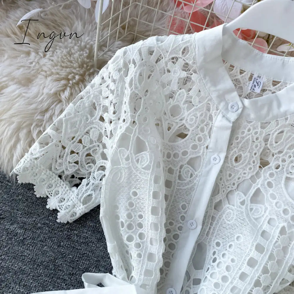 Ingvn - Women Elegant Hollow Out Lace Dress Office Lady Summer Solid O-Neck Button up Sashes Midi Dress Female Chic Short Sleeve Dress