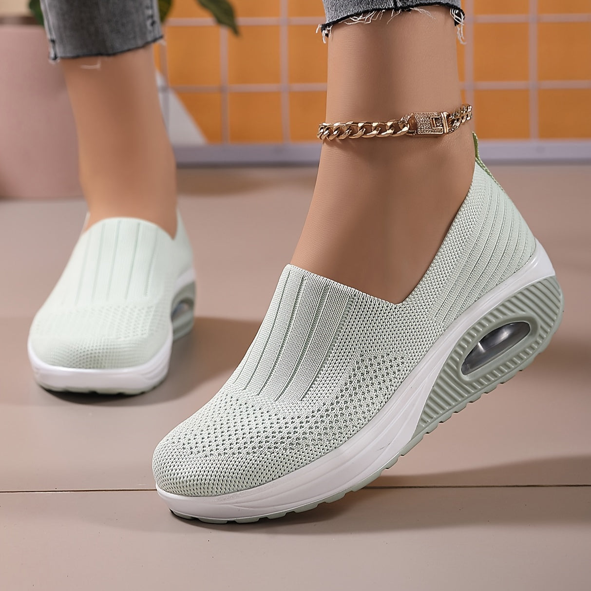 Fashionable Womens Knit Sneakers - Ultra-Comfortable Air Cushion Platform - Lightweight Slip-on Design - Perfect for Outdoor Walking & Daily Wear - Durable Footwear