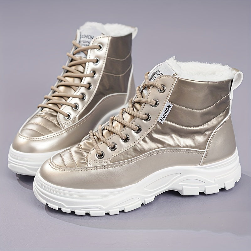 Women'S Winter Thickened Snow Boots High Top Platform Ankle Boots with Warm Fleece Lining, Solid Color, Round Toe, Low Heel, Fabric Insole, Polyurethane PU, Rubber Sole, Hand Washable