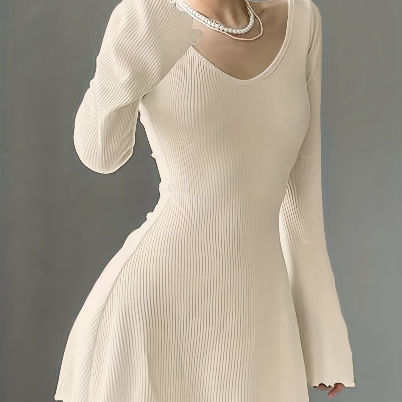 Stylish Solid Lettuce Trim Crew Neck Long Sleeve Dress - Elegant Women's Clothing for Everyday Wear - Comfortable, Relaxed Fit, Versatile, and Chic