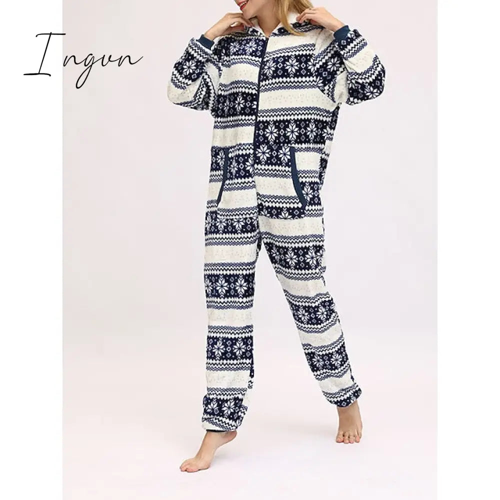 Ingvn - Women's Pajamas Jumpsuit Elk Snowflake Warm Fashion Casual Home Christmas Daily Polyester Breathable Hoodie Long Sleeve Pocket Fall Winter Black White