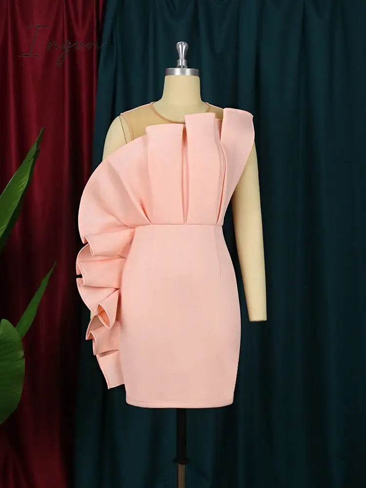Ingvn - Fashion Trends Women Pink Dress Party Ruffle Stylish Occasion Celebrate Sleveless Mesh Patchwork Elegant Slim Summer Homecoming Robe Gowns