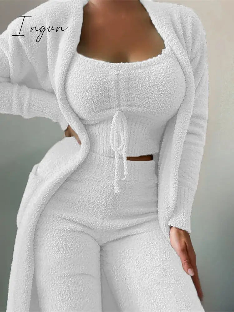 Ingvn - Women's Plus Size Pajamas Robes Gown Sets Nighty 3 Pieces Pure Color Warm Casual Comfort Home Daily Bed Fleece Long Sleeve Crop Top Pant Pocket Winter Fall Green Black