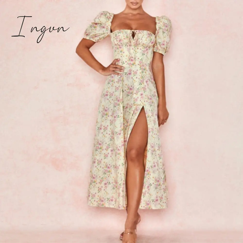 Ingvn - Print Summer Dress Women Floral Short Puff Sleeves Square Collar Holiday MIDI Dress Female Drawstring High Slit Dress