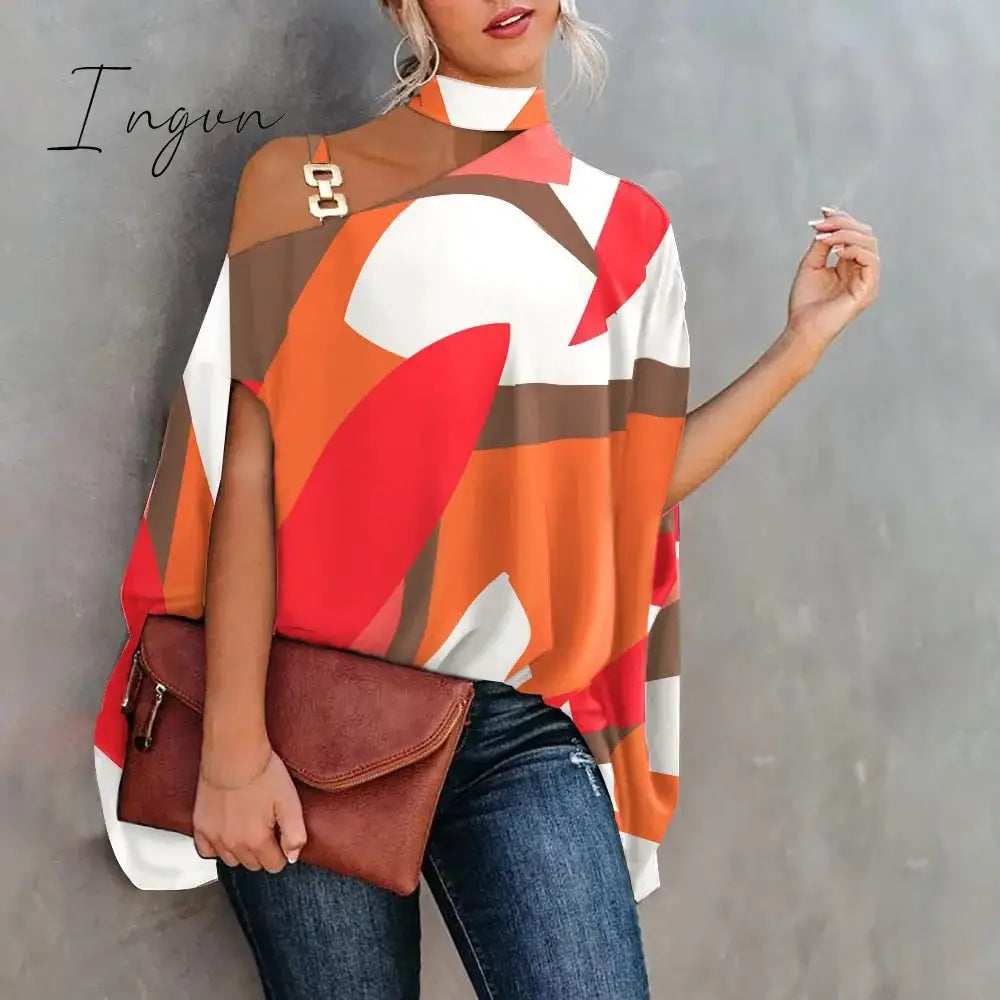Ingvn - Women Metal Halter Hollow Out Print Top Patchwork Short Sleeve Loose Summer Blouse Femme Fashion Pullovers Casual Youth New