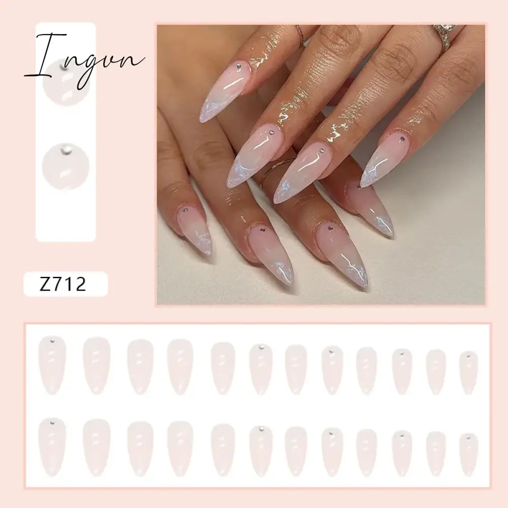 24pcs/Box Gradient Nail Art Patches False Nails Short Square Nail Blue Starry Glitter Teardrop Diamond Fake Nail Tips