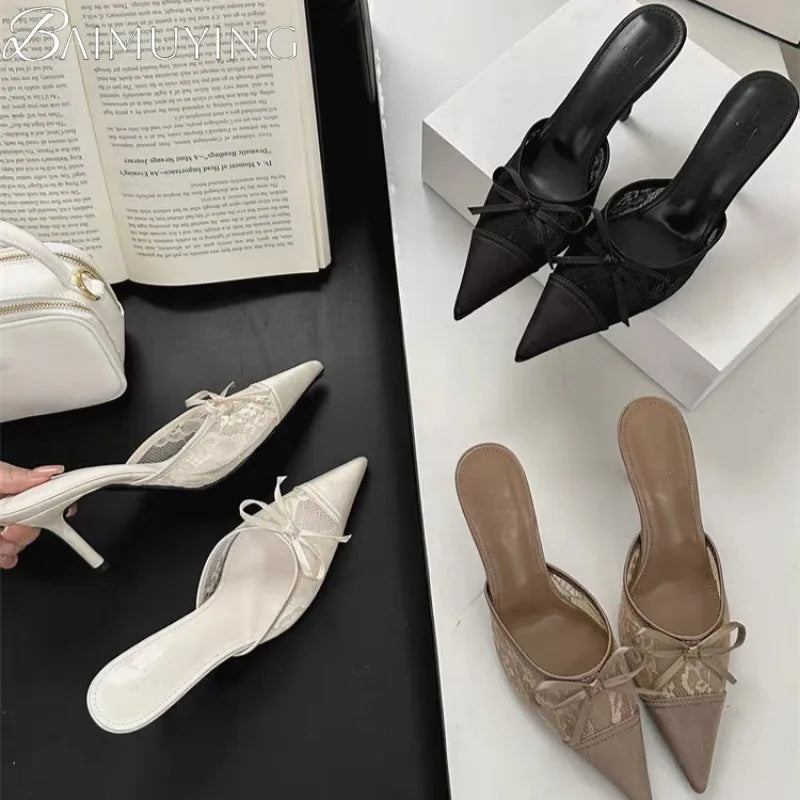 Bow Mesh Lace High Heels Slippers Pointed Toe Women Sandals Mules Shoes 2025 New Summer Trend Dress Pumps Sexy Sandalias Mujer