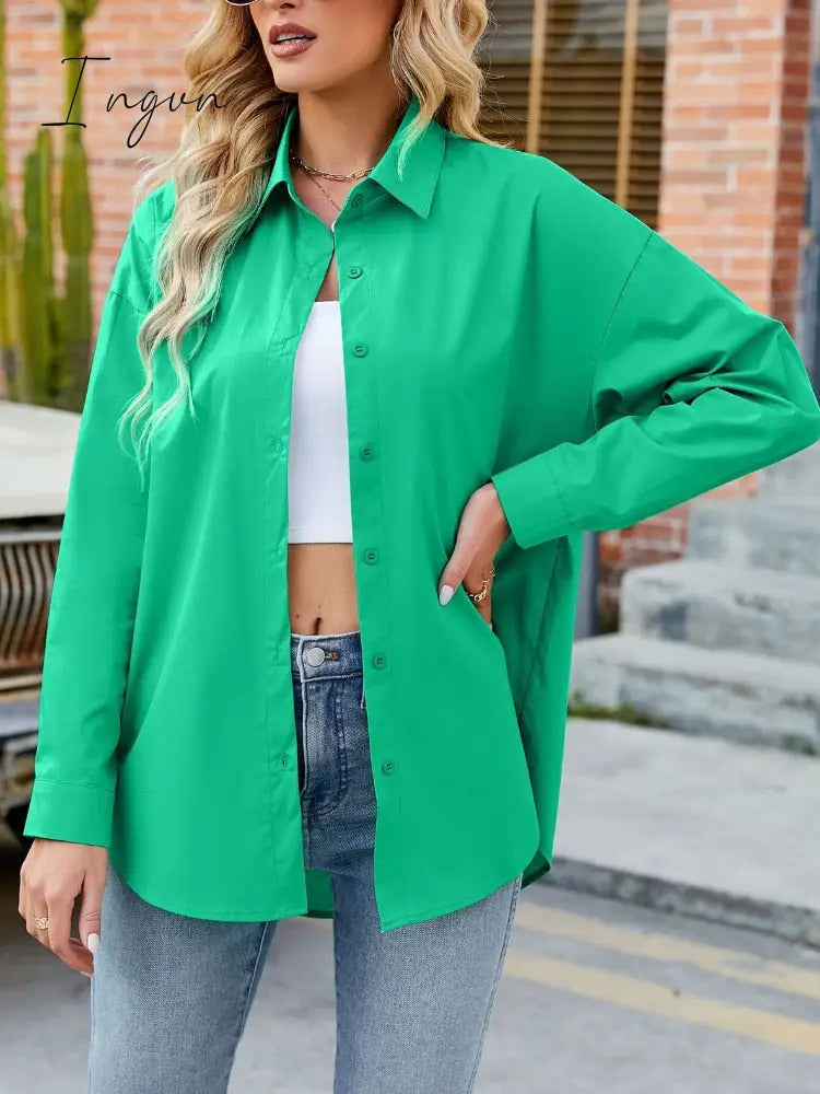 Ingvn - Women's Cotton Shirt Blouse Women 2023 Elegant Spring Candy Colors Basic Top Turn-down Collar Long Sleeve Solid Button Blouses