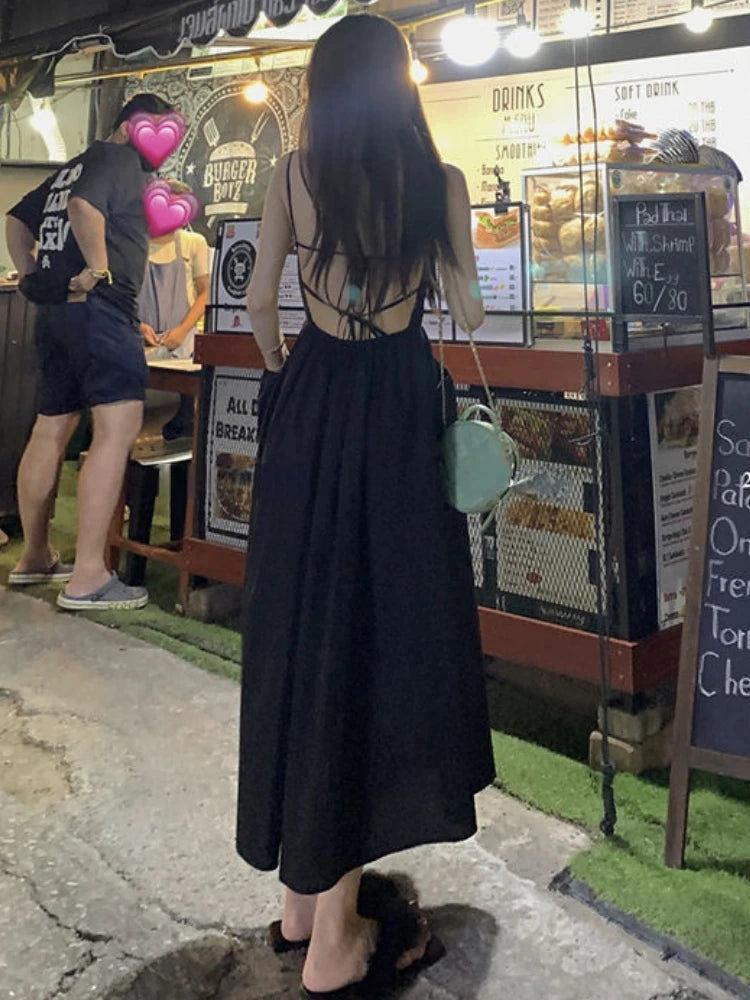Dresses Women Sexy Backless Charming Creativity Streetwear Holiday A-line Ulzzang Simple Elegant Solid Trendy Spaghetti Strap