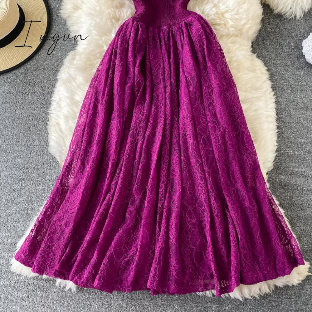 Ingvn - Vintage Purple/Green/Red Lace Midi Dress Women Sweet Round Neck Ruffle Vestidos Female High Waist Slim Robe Spring Autumn