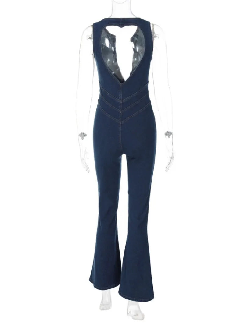 Ingvn  Summer Sleeveless Zip-up High Waist Denim Jumpsuits Streetwear Vintage Women's Loving Heart Backless Tunics Jeans Overalls