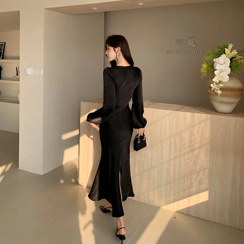 Black Satin Long Dresses for Women Sexy Prom V-Neck Long Sleeve Elegant Evening Party Female Clothing Fashion Casual Robe