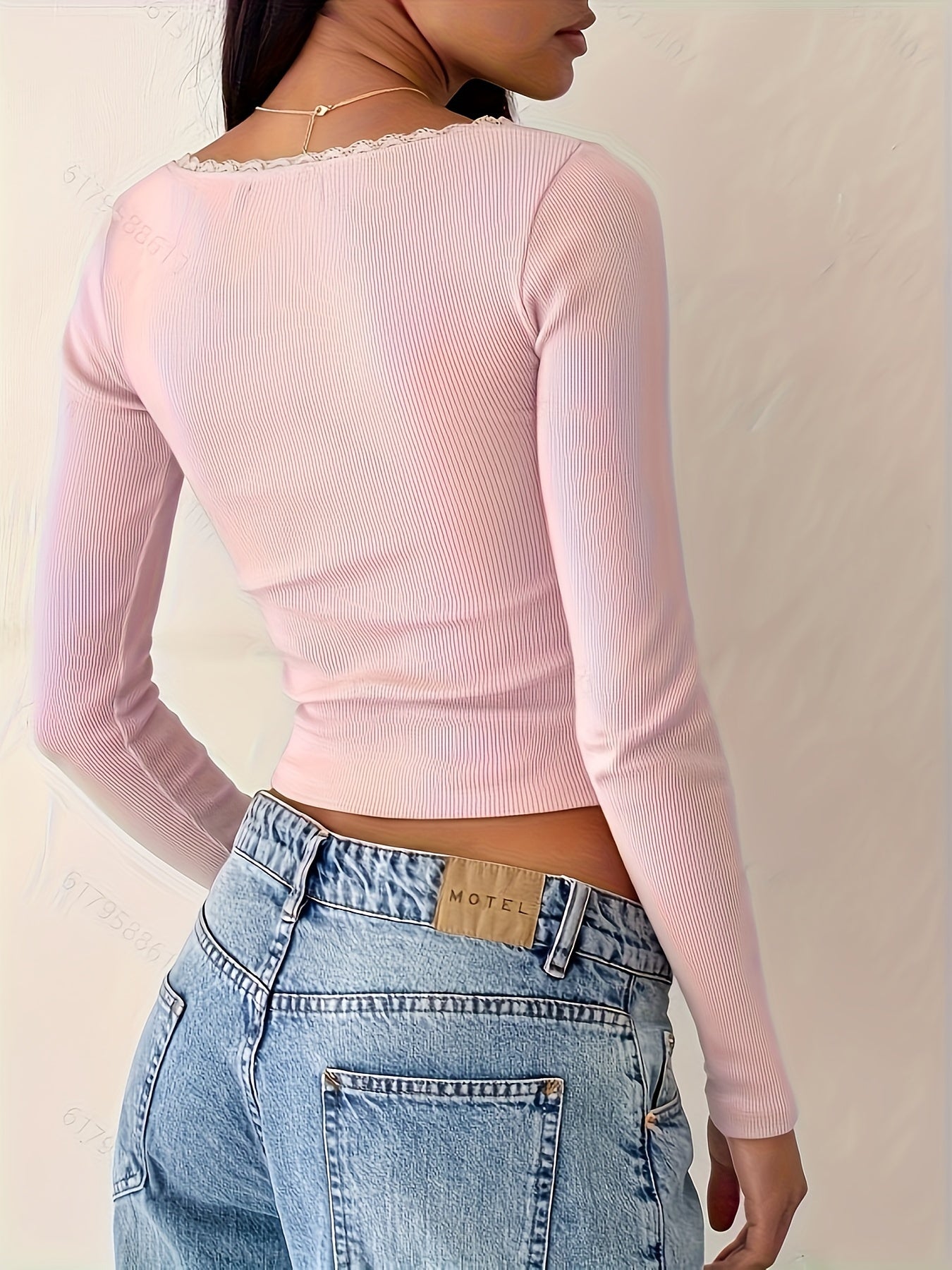 Solid Lace Trim T-Shirt, Casual Long Sleeve Top For Spring & Fall, Women's Clothing
