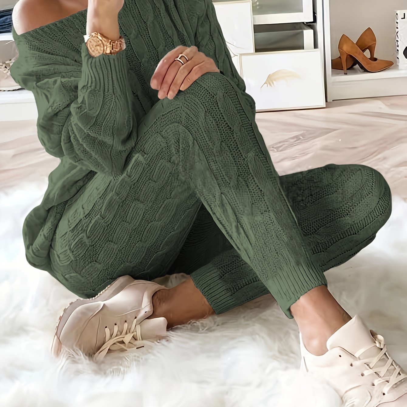 Solid Knitted Matching Two-piece Set, Casual Long Sleeve Sweater & Pants Outfits, Women's Clothing