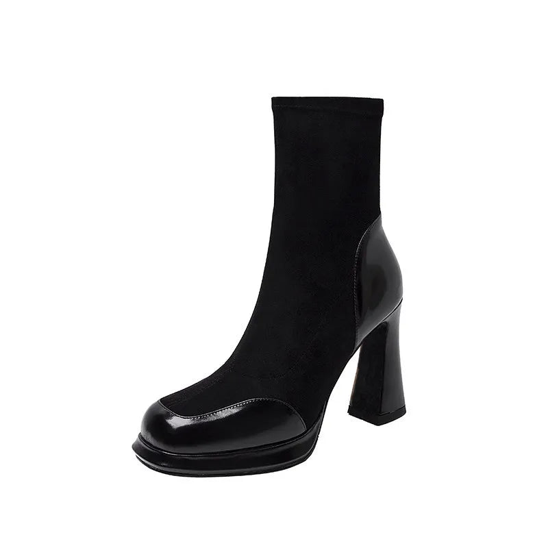 Chunky Heel Short Boots for Women Autumn Winter Splicing Waterproof Platform Skinny Boots Suede Temperament High-heeled Botines