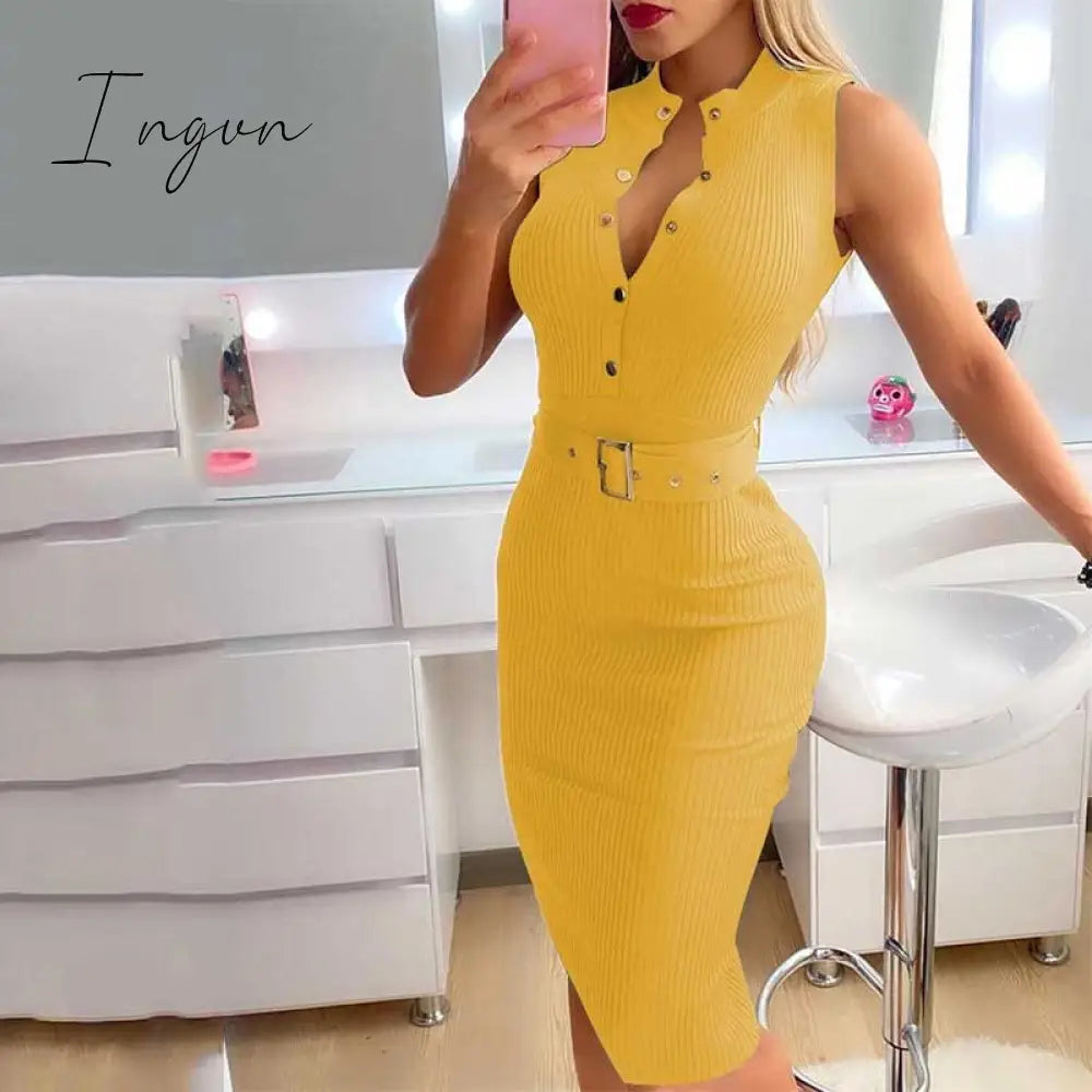 Ingvn - 2023 Fashion Women's Clothing Summer Elegant Round Neck Button Sleeveless Belt Casual Midi Dress Mid Waist Slim A-line Skirt