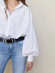 Ingvn  Loose O-neck Women Stylish Shirts Spring Summer Lantern Sleeve Single-breasted Female 100% Cotton Blouse Ladies Tops