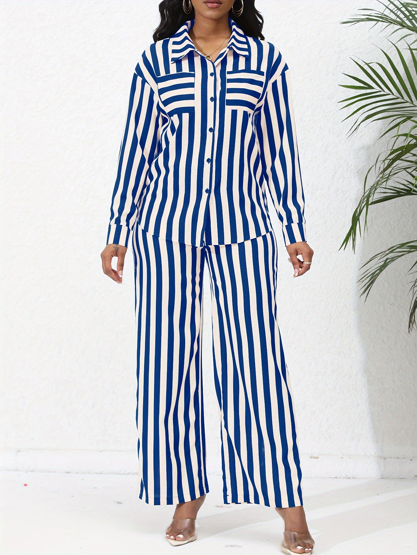 Chic Striped Print Two-Piece Outfit Set - Comfortable Button-Down Shirt & Flowy Wide Leg Pants - Casual Everyday Wear for Women
