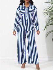 Chic Striped Print Two-Piece Outfit Set - Comfortable Button-Down Shirt & Flowy Wide Leg Pants - Casual Everyday Wear for Women