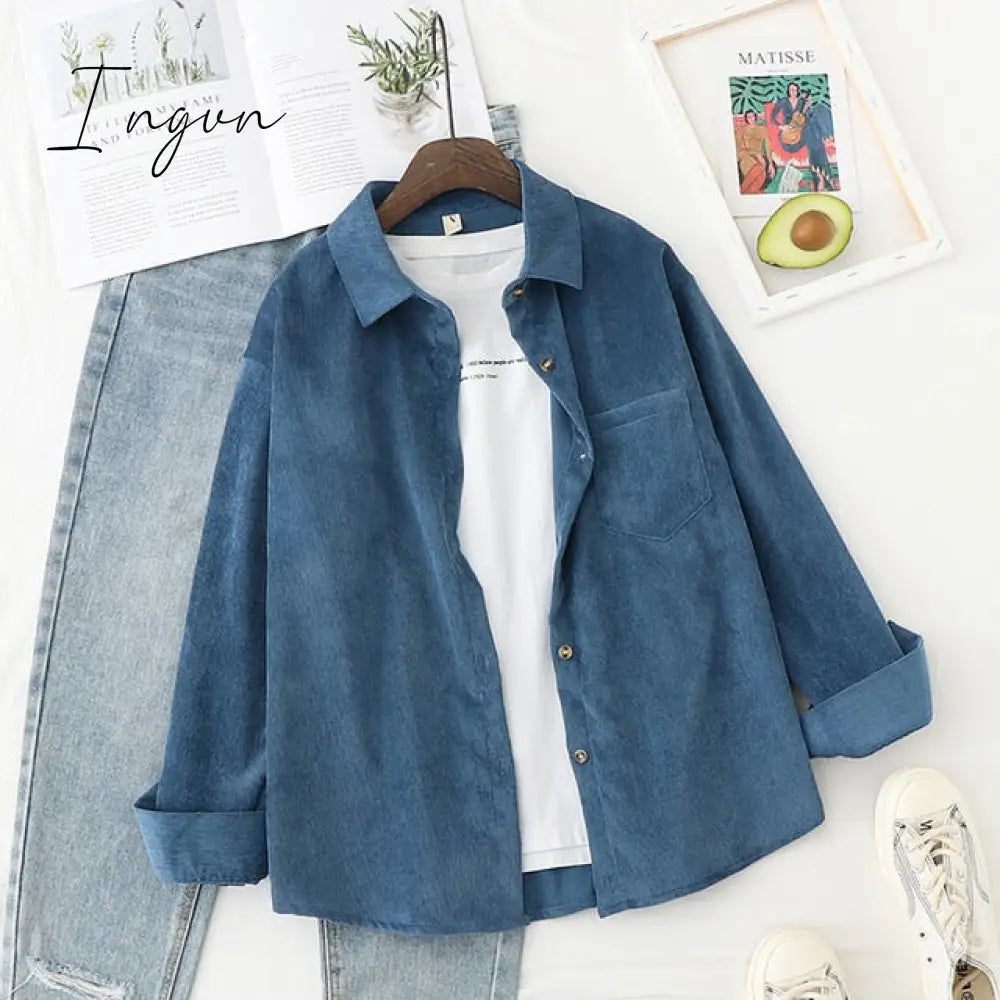 Ingvn - Corduroy Women Blouses Shirts Tunic Womens Tops And Blouses Womenswear Long Sleeve Clothing Button Up Down Loose White New